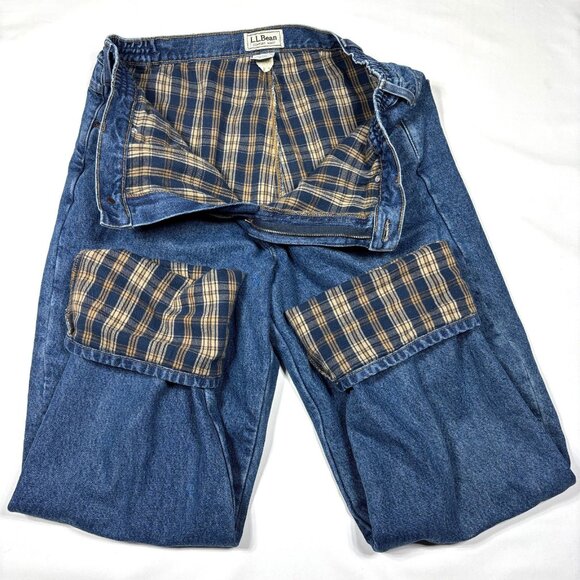 LL Bean Comfort Waist Flannel-Lined Blue Denim Jeans Winter Cold Wear Mens 38x34 - Picture 1 of 13